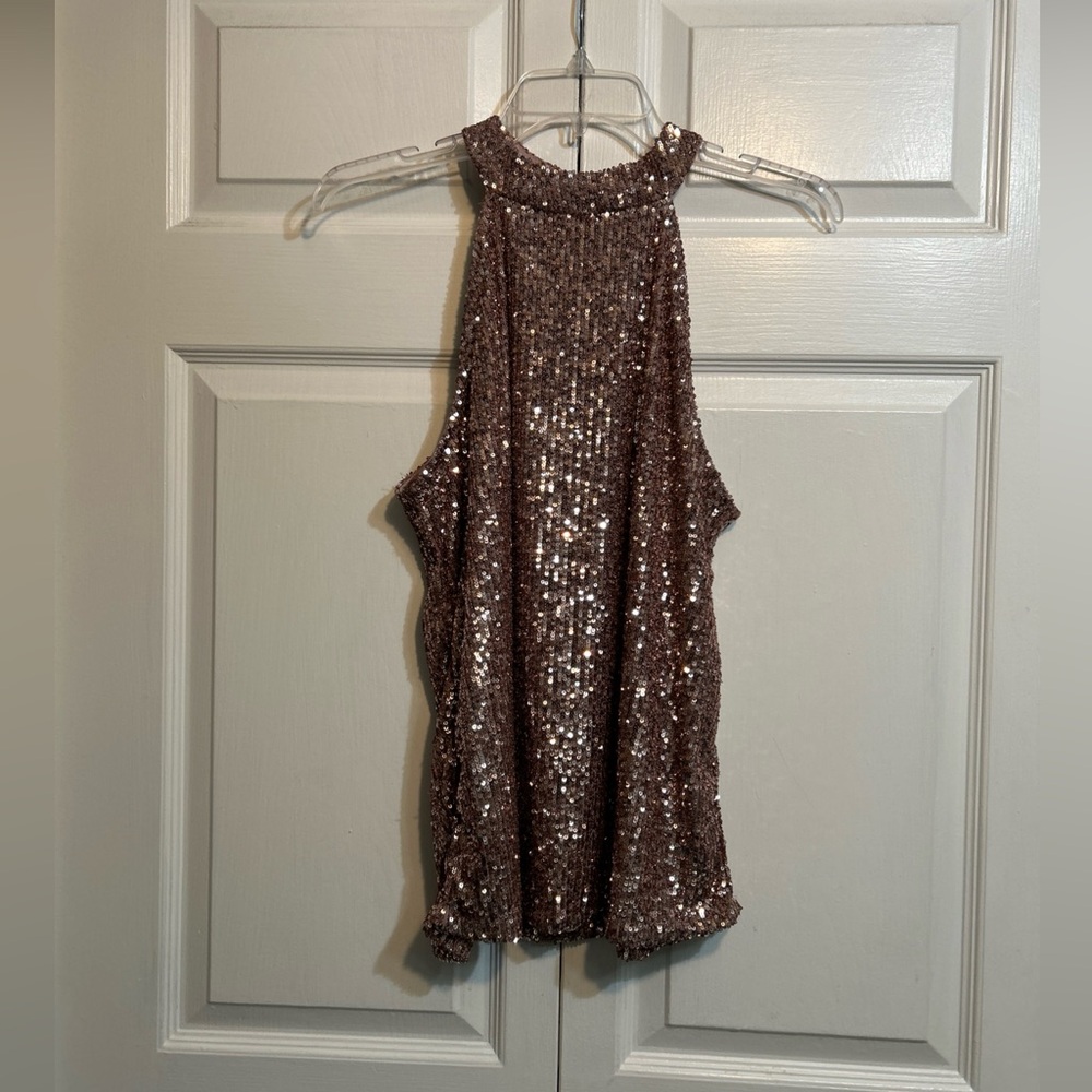 NWT Cable & Gauge Rose Blush Sequin Halter Neck Sleeveless Blouse Size L Large